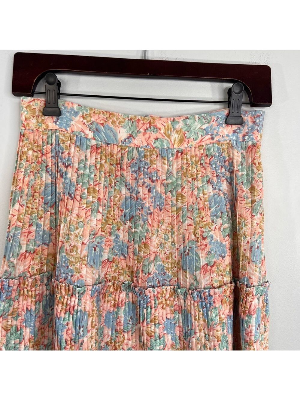 Vintage 70s boho cottagecore coral pink blue floral plisse tiered midi skirt - Picture 6 of 15